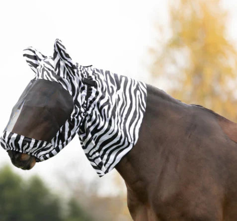 Horse wearing a zebra-print sweet itch fly mask for protection against clegs and flies